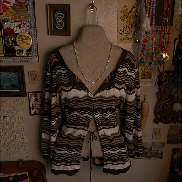 Chevron Striped Babydoll Cardigan Women's XL Brown White Quarter Sleeve Y2K - Picture 1 of 7